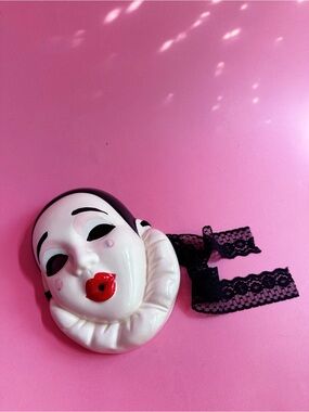 Decorative Ceramic Pierrot Clown Wall Mask in White with Red Lips